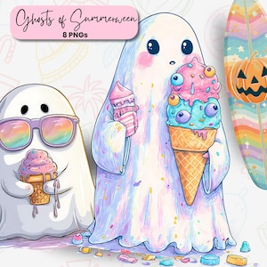 Summerween Ghost Clipart – Cute Spooky Beach PNGs, Halloween in July Art, Kawaii Goth Digital Download, Pastel Graphics, Commercial Use