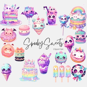 Pastel Goth Candyland snoep traktatie clipart png, snoep lolly ijs dessert set, Candy Land donuts macaron regenboog cake commercieel gebruik