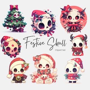Goth Christmas Skull Clipart Png, Decorazione per le feste carina e spaventosa, Scheletro di Halloween horror Kawaii Design a sublimazione, Uso commerciale