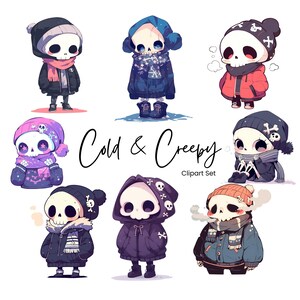 Spooky Cute Winter Skeleton Clipart Png, Goth Kawaii Skull Holidays Sublimation Design, Commercial Use