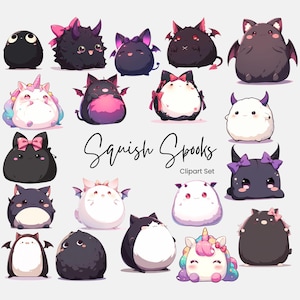 Squishy Goth Kawaii Cute Squishmallow Creature Clipart Png, Spooky Gothic Cute Bat Cat Unicorn Sublimation Design, Commercial Use