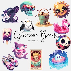 Clipart de verano de playa gótica, diseños de sublimación de vacaciones de verano kawaii espeluznantes - Carta del tarot, sol, calaveras, flamenco / Uso comercial