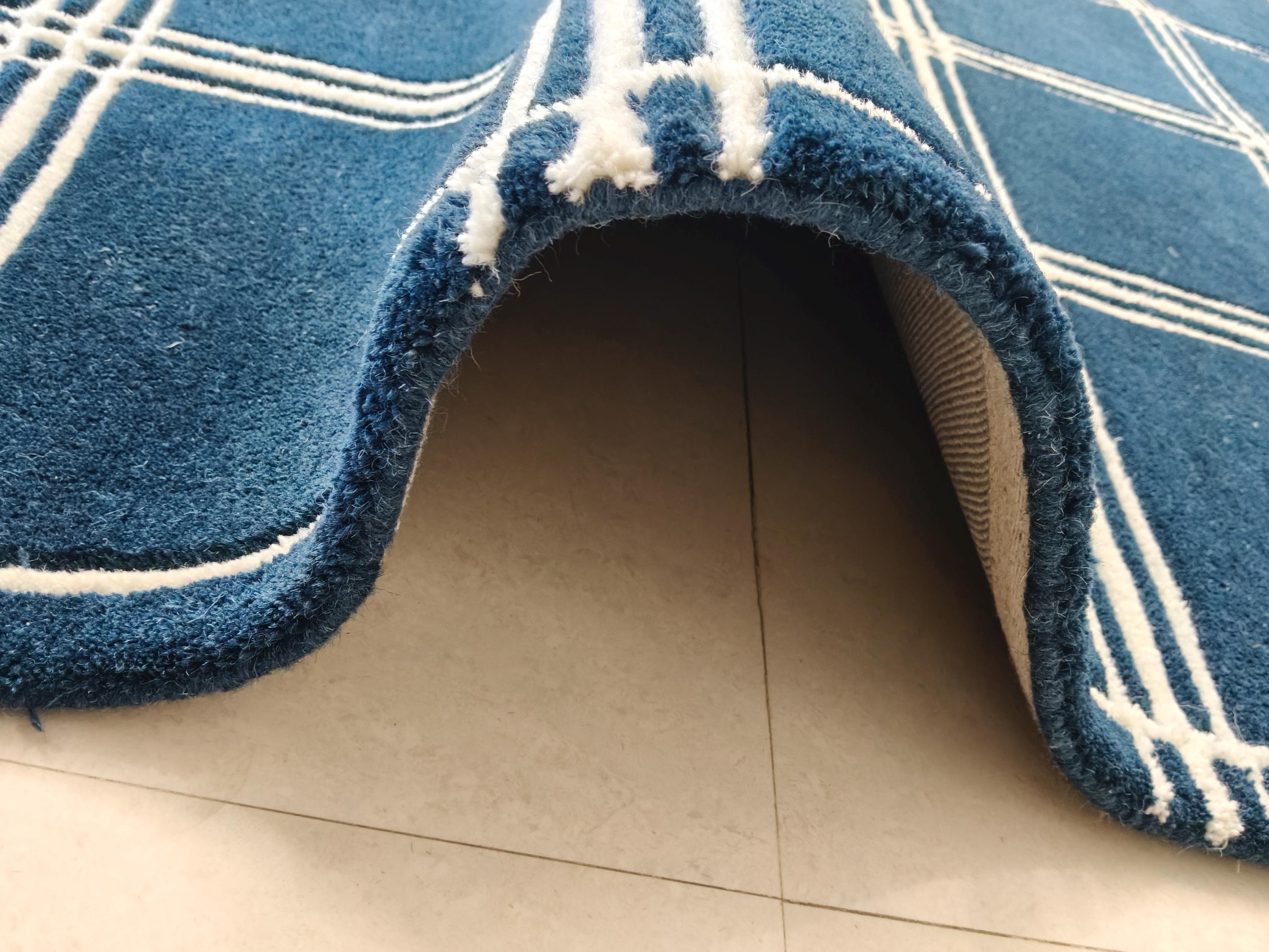 Navy Blue Windowpane Hand Tufted Area Rug | 9x12 Geometric Checkered ...