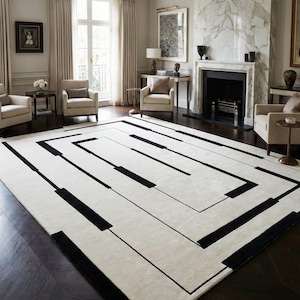 Black and White Hand Tufted Geometric 9x12 Area Rug | 10x14 Modern Minimalist Maze Line Carpet | Large Rectangular Rug for Living Room