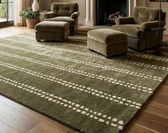 Alfombra verde oliva tejida a mano / Alfombra minimalista de rayas discontinuas / Alfombra moderna orgánica bohemia para sala de estar y dormitorio
