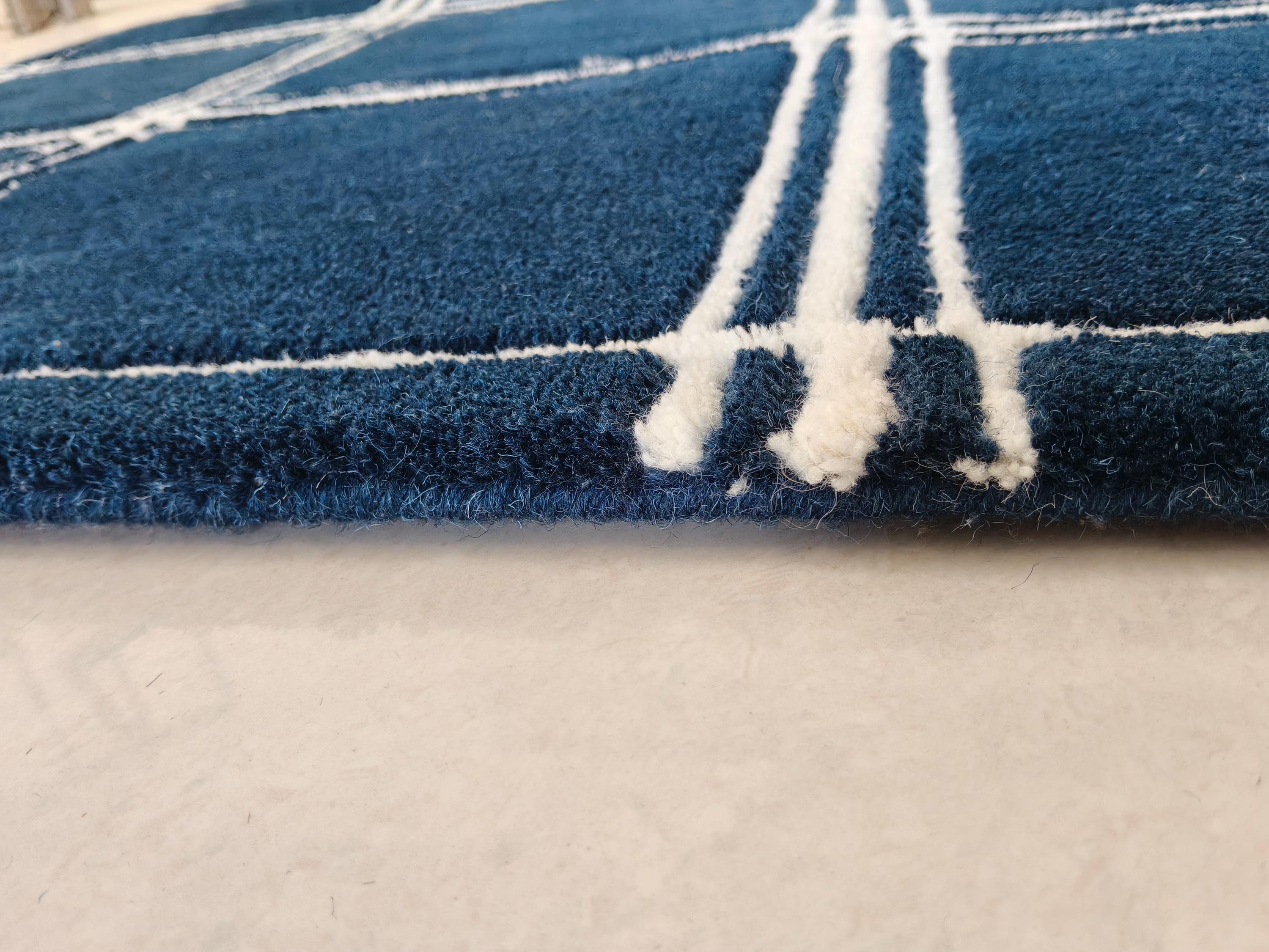 Navy Blue Windowpane Hand Tufted Area Rug | 9x12 Geometric Checkered ...