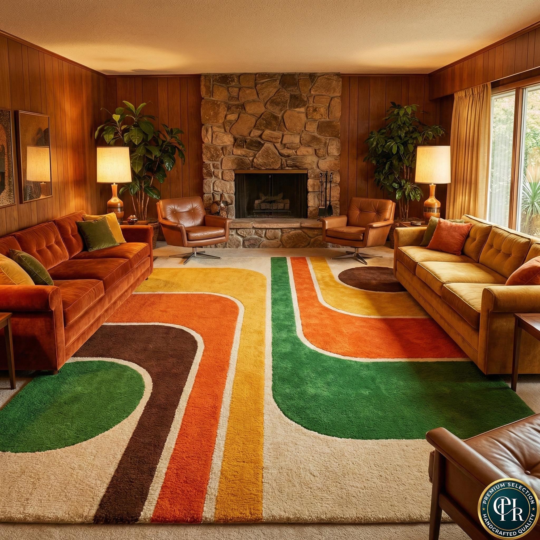 70s Retro Hand Tufted Wool Rug | 9x12 Geometric Burnt Orange, Yellow ...