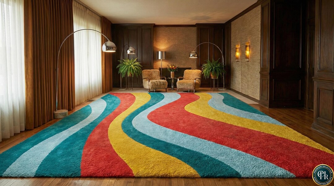 70s Retro Wavy Rug | Colorful Mid Century Tufted Carpet | Teal, Red ...