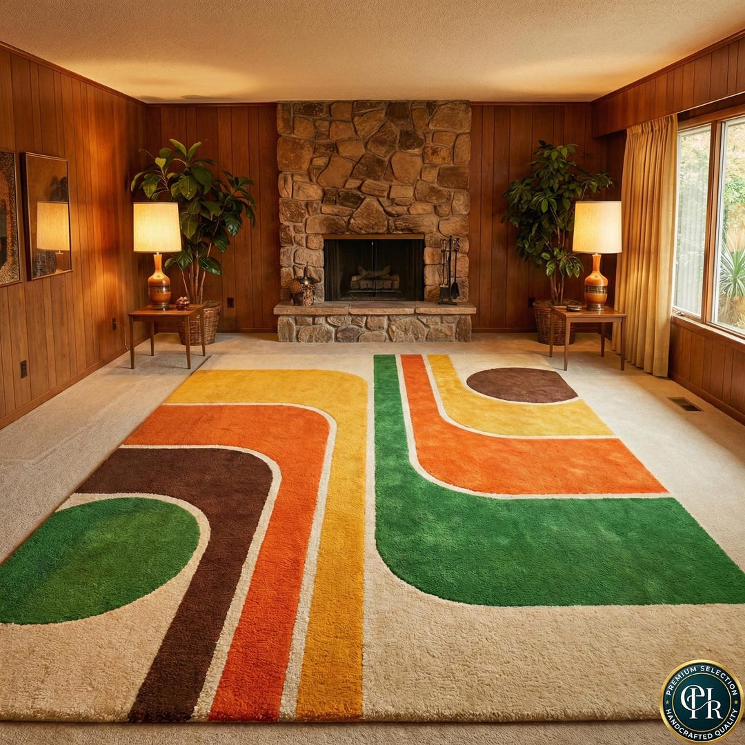 70s Retro Hand Tufted Wool Rug | 9x12 Geometric Burnt Orange, Yellow ...