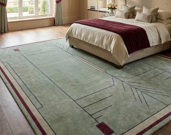 Alfombra de lana verde salvia tejida a mano / Alfombra geométrica minimalista hecha a mano / Alfombra de estilo pradera con estampado lineal para sala de estar