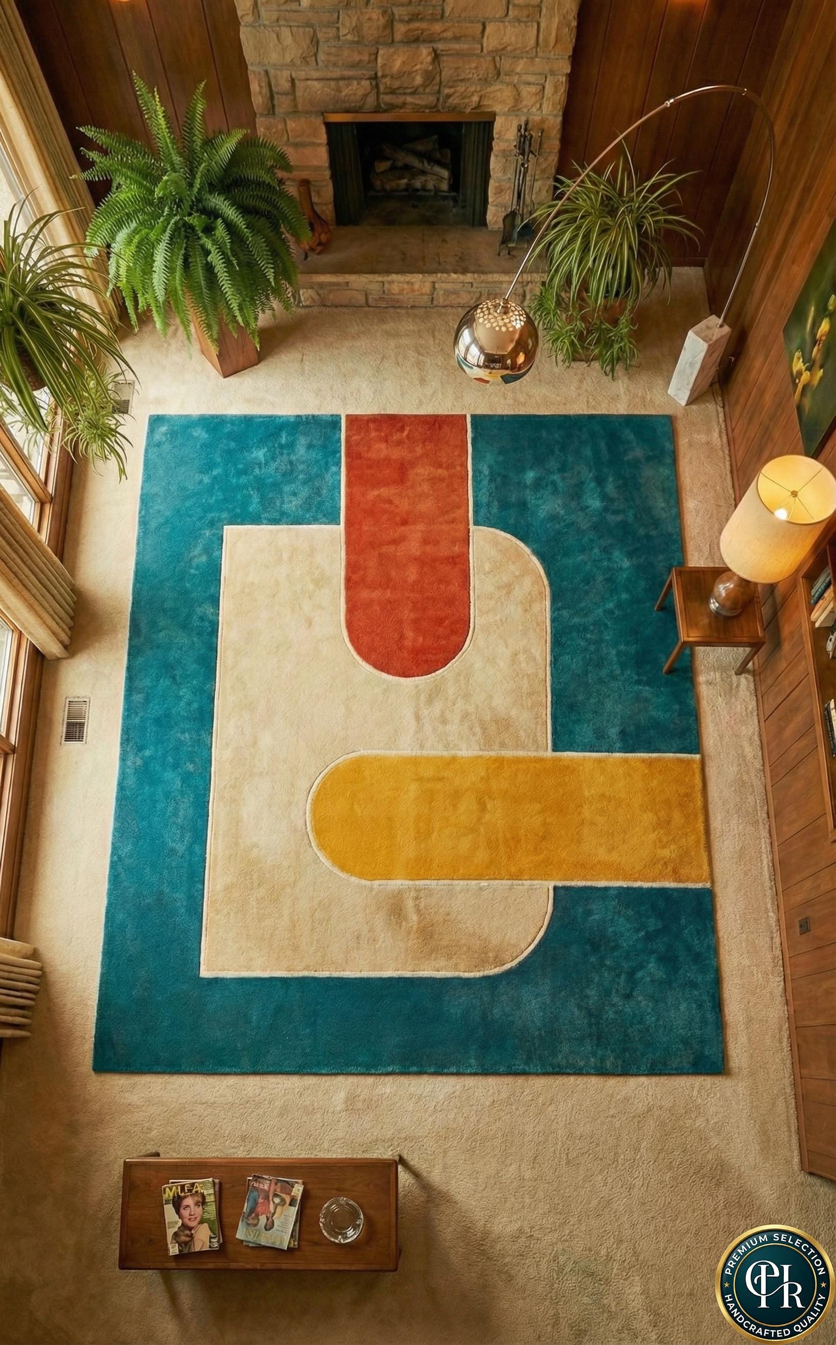 80s Retro Geometric Hand Tufted Area Rug | Teal, Orange and Mustard ...