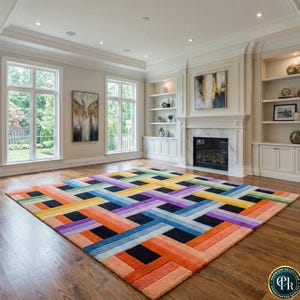 May include: A vibrant area rug with a geometric design. The rug showcases intersecting bands of orange, blue, purple, yellow, and green, forming a modern pattern. Black squares are incorporated within the design.