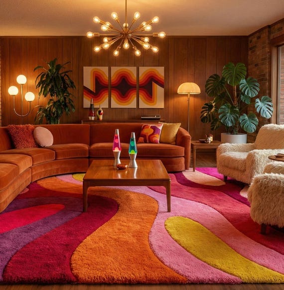 Rosa Orange Handgetufteter Wollteppich, 70er Jahre Retro Wellenmuster, Groovy Psychedelischer Teppich Für Wohnzimmer