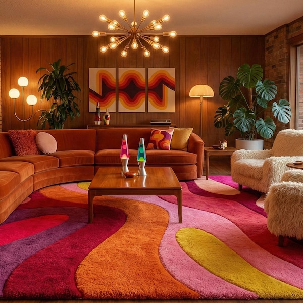 Pink Orange Hand Tufted Wool Area Rug, 70s Retro Wavy Design, Groovy Psychedelic Carpet For Living Room
