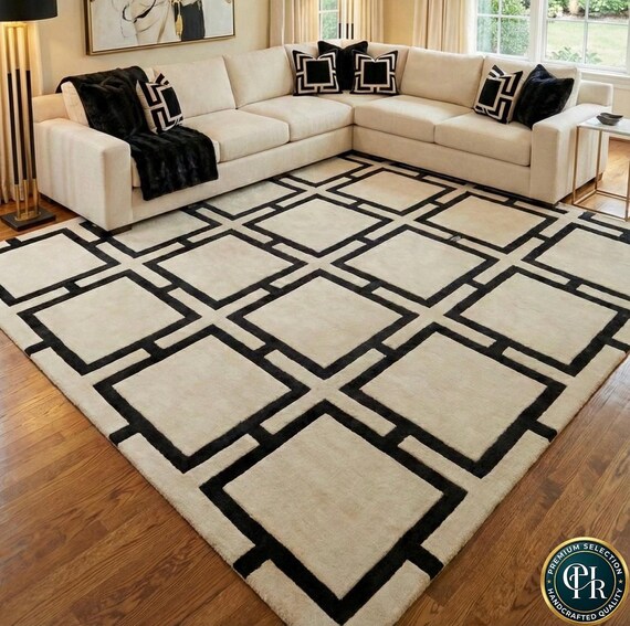 Black and White Geometric Area Rug | Modern Abstract Minimalist Hand Tufted Wool Carpet | Bold Square Trellis Pattern for Living Room