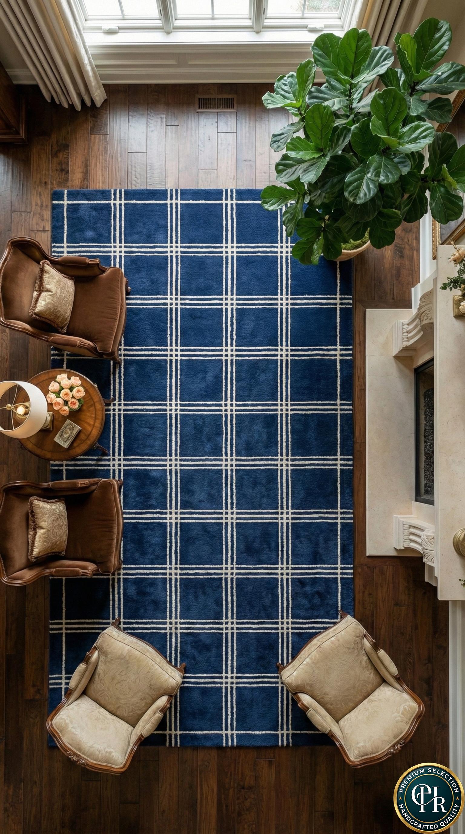Navy Blue Windowpane Hand Tufted Area Rug | 9x12 Geometric Checkered ...