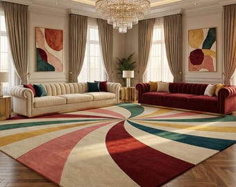 Può includere: Un lussuoso soggiorno con due divani, uno beige e uno bordeaux, e un tappeto colorato con un design a spirale. La stanza è decorata con opere d'arte, tende e lampade, creando un'atmosfera elegante e invitante.