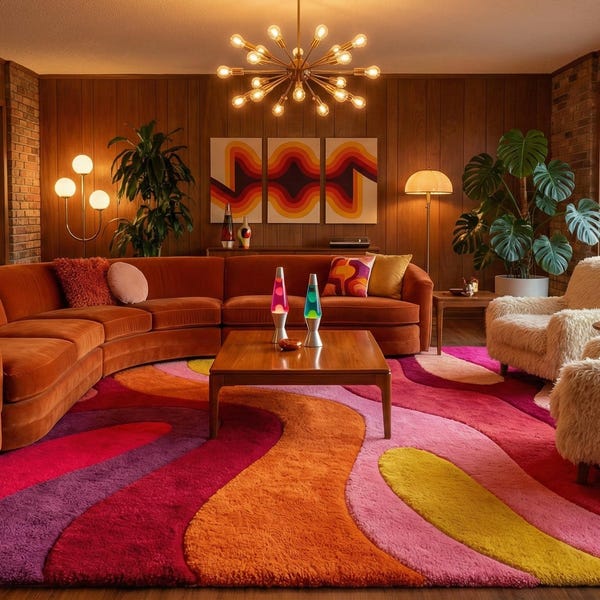 9x12 Rosa-Orangefarbener handgetufteter Wollteppich, 70er-Jahre-Retro-Wellenmuster, grooviger psychedelischer Teppich für das Wohnzimmer