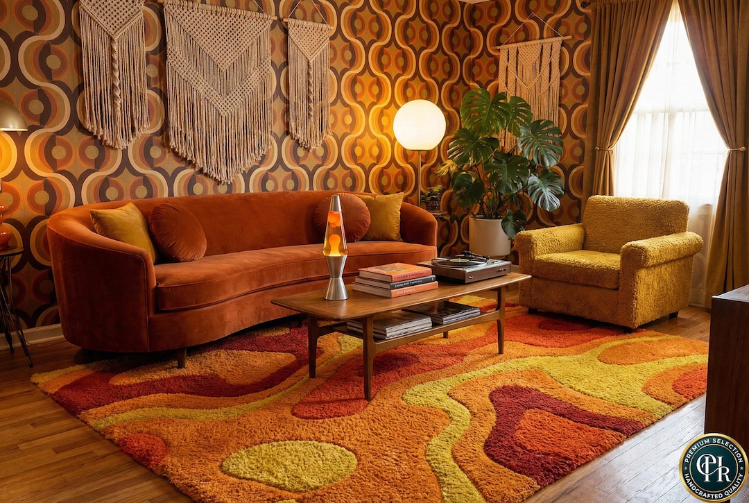 70s Retro Shag Rug | Hand Tufted Orange & Mustard Wavy Wool Area Rug - Etsy