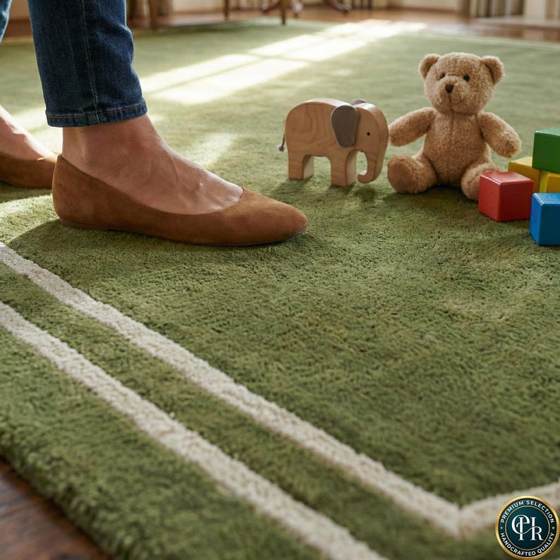 Hand Tufted Modern Olive Green Corner Scalloped Area Rug - Minimalist ...
