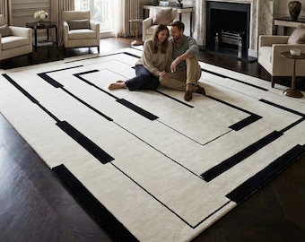 Alfombra geométrica de 23 x 30 cm con mechones hechos a mano en blanco y negro / Alfombra minimalista moderna de 25 x 35 cm con diseño de laberinto / Alfombra rectangular grande para sala de estar