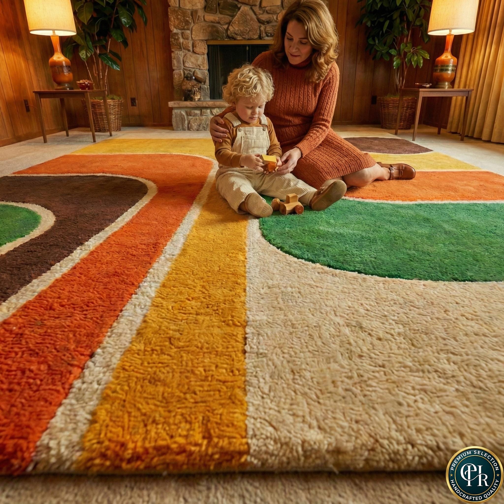 70s Retro Hand Tufted Wool Rug | 9x12 Geometric Burnt Orange, Yellow ...