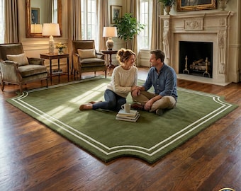 Alfombra de lana verde oliva maciza tejida a mano / Alfombra con esquinas festoneadas / Alfombra minimalista con borde blanco - Decoración elegante para la sala de estar