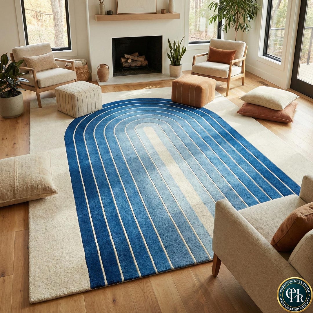 Hand Tufted Scandinavian Minimalist Blue Arch Rug | Gradient Geometric ...