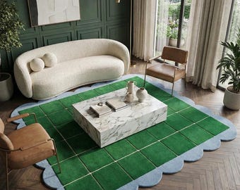 8x10 Hand-Tufted Scalloped Green & Blue Wool Rug: Checkered Capri Design | 9x12, 10x14, 12x15 Custom Size Available
