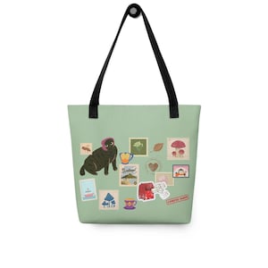 Whimsical Cat and Stamp Print Tote Bag – Vintage Inspired Aesthetic Shoulder Bag for Book Lovers & Travelers