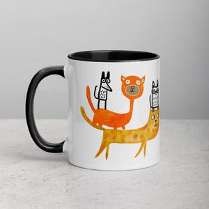 Taza divertida de gato y perro – Diseño caprichoso de mascota dibujado a mano – Taza de café de 325 ml con borde negro para amantes de los animales