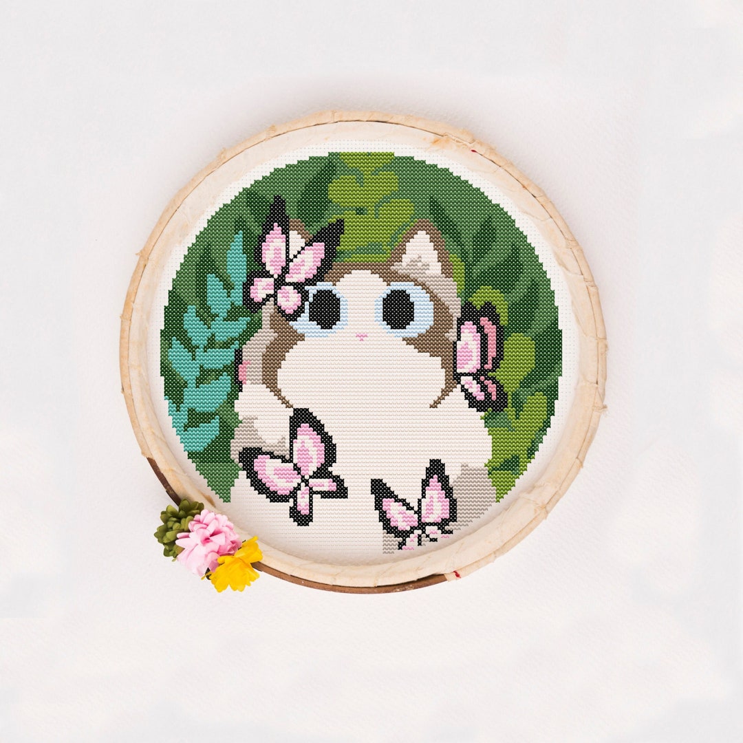 Ragdoll Cat Cross Stitch Pattern, Forest Leaves, Butterflies (PDF ...