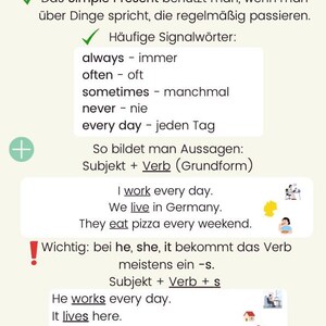 May include: A worksheet titled "Simple Present" with German text and English examples. It includes grammar rules, signal words, and example sentences. The page is light beige with green checkmarks and illustrations.