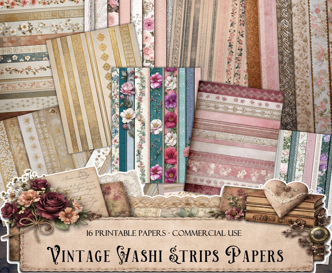Vintage Washi Strips Journal Papers, Junk Journal Kit, Digital Papers ...