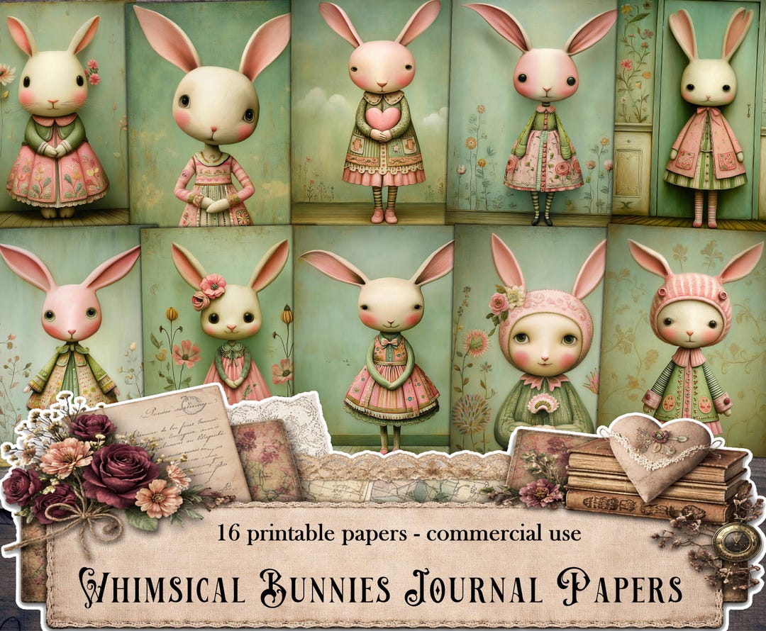 Whimsical Bunnies Journal Papers, Junk Journal Kit, Digital Papers ...