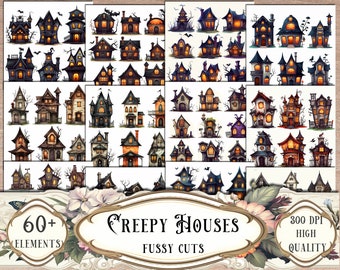 Creepy Houses Fussy Cuts, Printable Stickers, Junk Journal Kit, Printable Ephemera, Scrapbooking, Scrapbook Supplies, Collage Sheets, Craft