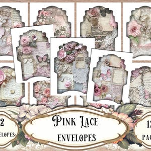 May include: A set of 12 pink lace envelopes and 12 pages. The envelopes have a vintage aesthetic, adorned with pink roses, butterflies, and lace. The words "Pink Lace Envelopes" are presented within an elaborate frame.