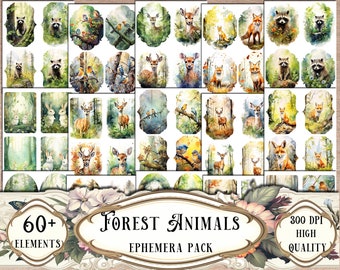 Forest Animals Ephemera Pack: Junk Journal Collage Sheets, Fussy Cuts, Labels (Digital Download)