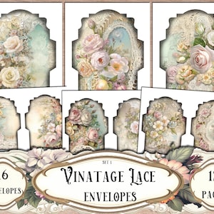 Envelopes de renda vintage, envelopes para impressão, envelopes para diários de sucata, envelopes digitais, suprimentos para diários de sucata, scrapbooking, itens efêmeros