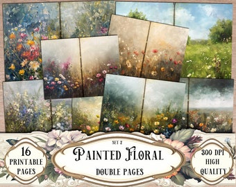 Painted Floral Double Journal Pages, Junk Journal Kit, Printable Papers, Digital Papers, Ephemera, Scrapbooking, Scrapbook Supplies, Craft