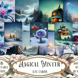 Cartões mágicos de inverno ATC, kit de diário de lixo, scrapbooking, suprimentos para scrapbook, fabricação de cartões, coisas efêmeras, folhas de colagem, artesanato de papel de remendo ATC