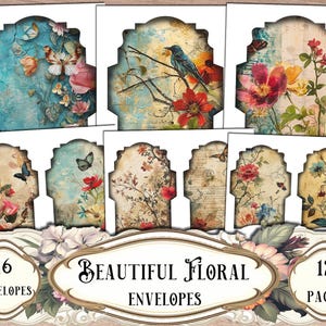 Bellissime buste floreali, buste per Junk Journal, accessori per Junk Journal, buste shabby, buste stampabili, scrapbooking, artigianato con carta