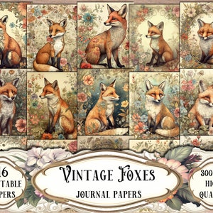 Vintage Foxes Journal Papers, Papeles Digitales, Papeles Imprimibles, Kit de Diario Basura, Scrapbooking, Suministros de Álbum de Recortes, Artesanía de Suministros de Diario