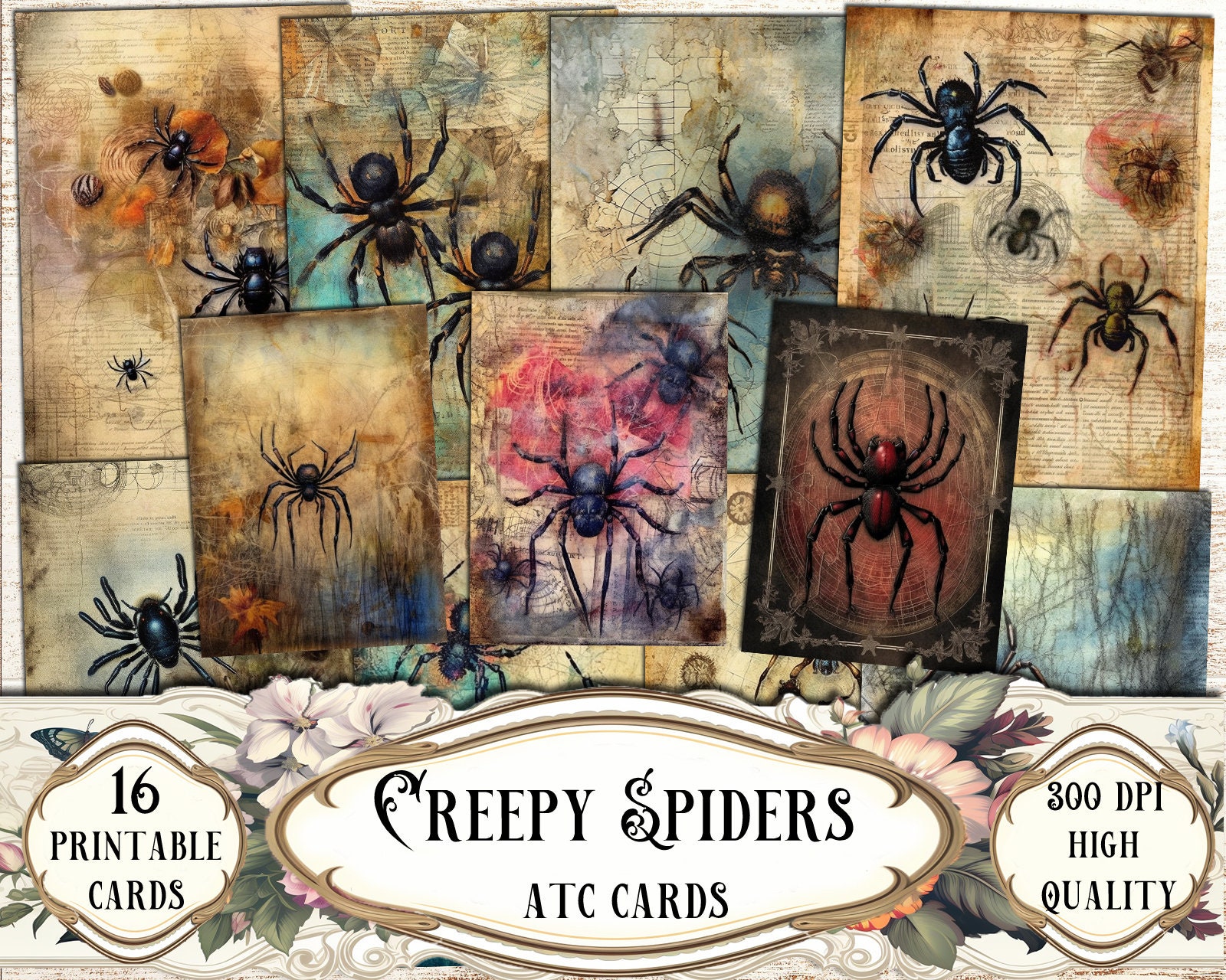 Creepy Spiders Printable ATC Cards, Junk Journal Kit, Scrapbooking ...