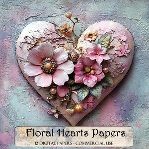 Carta con cuori floreali, carta digitale, carta stampabile, kit per diario spazzatura, scrapbooking, forniture per album di ritagli, forniture per diario spazzatura, fogli