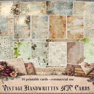 May include: A collection of 16 vintage-style printable cards with handwritten text, floral accents, and aged paper textures. The cards feature a variety of designs, including script, watercolor washes, and decorative elements. The text "Vintage Handwritten ATC Cards" is displayed.