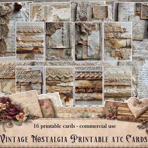 May include: A collage of vintage-style printable ATC cards. The cards feature aged paper, lace, and floral accents in shades of brown, beige, and cream. The text on the cards includes handwritten script and the words "Vintage Nostalgia Printable ATC Cards".
