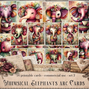 May include: A collection of 16 printable cards featuring whimsical elephant illustrations. The elephants are depicted in various poses, adorned with floral accents, and holding teacups. The cards have a vintage aesthetic with the text "WHIMSICAL ELEPHANTS ARC CARDS".