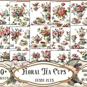 Floral Tea Cups Fussy Cuts: Printable Ephemera, Scrapbook Kit (Digital Download)