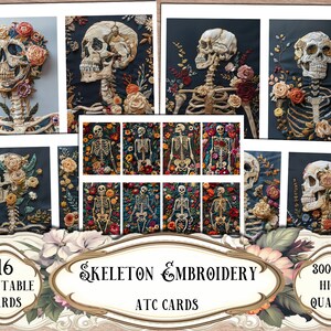Skeleton Embroidery Printable Cards: ATC & Journaling (Digital Download)